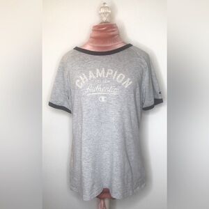 Champion Retro style Graphic Tee T-Shirt Heather Gray Black trim Women’s size XL